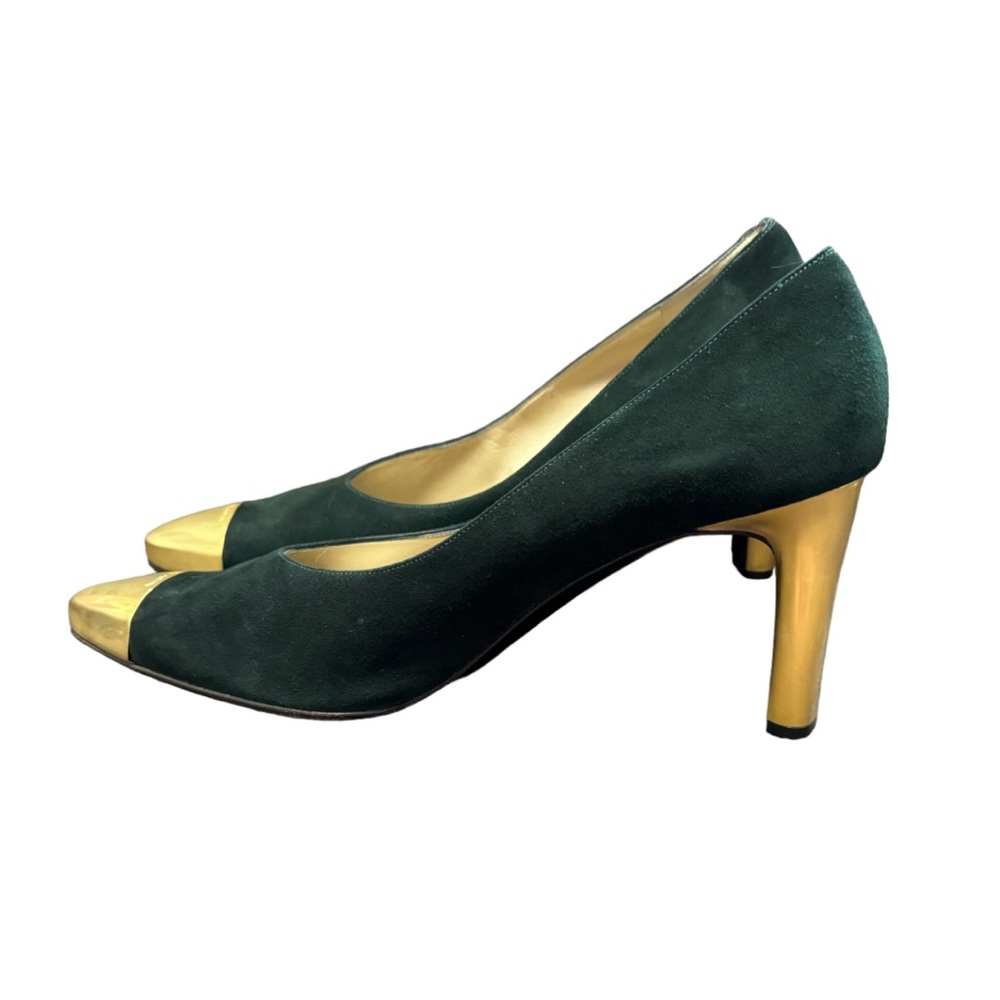 ST JOHN Womens Black Suede/Leather Made In Italy Gold Metal Toe/Heels Size 11 - Picture 3 of 7